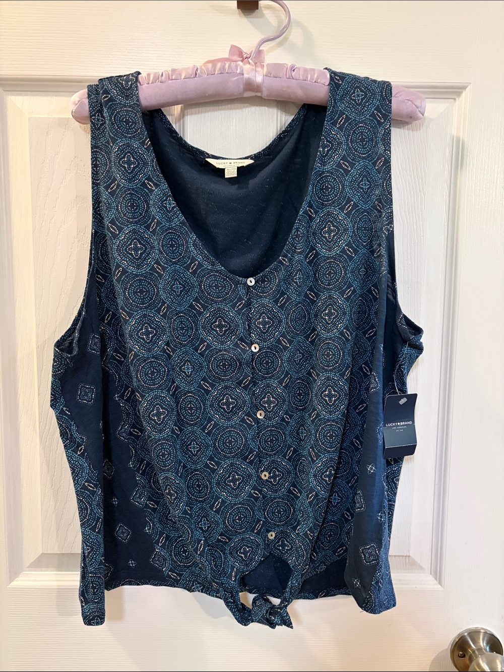 Lucky Brand Navy Blue Patterned Tie-Front Sleeveless Top